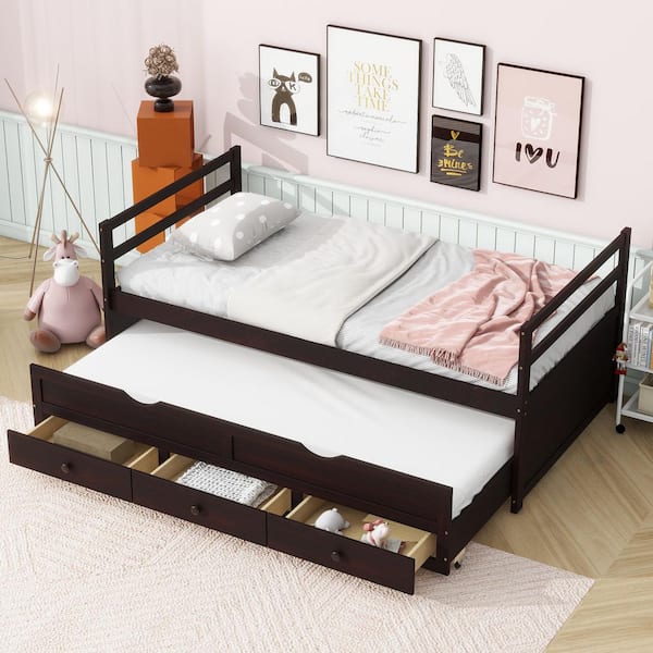 Espresso Brown Wood Frame Twin Size Platform Bed with Trundle and 3 Storage Drawers