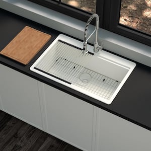 Stonehaven 33 in. Drop-In Single Bowl White Ice Granite Composite Workstation Kitchen Sink with White Strainer