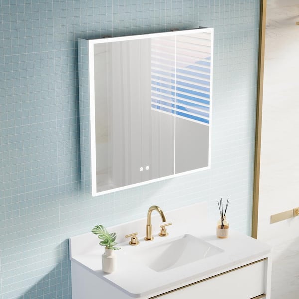 30 in. W x 30 in. H Frameless Rectangular Silver Surface Mount Medicine Cabinet with Mirror and LED Light