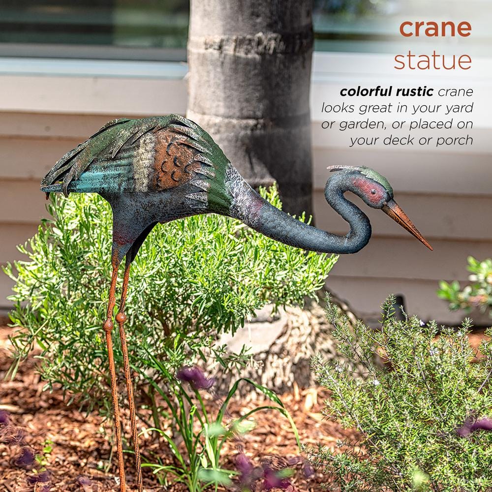 30" Multicolor Rustic Metal Crane Garden Statue