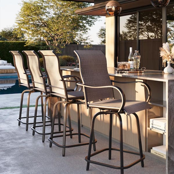 Brown Swivel Metal Outdoor High Bar Stools (4-Pack)