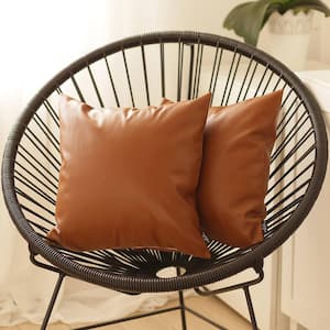 Bohemian Handmade Vegan Faux Leather Brown 17 in. x 17 in. Square Solid Throw Pillow (Set of 2)