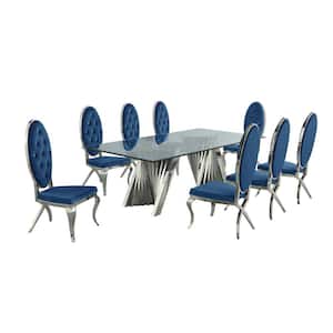 Becky 9-Piece Rectangular Glass Top with Stainless Steel Base Table Set with 8-Navy Blue Velvet Chairs with Crystals