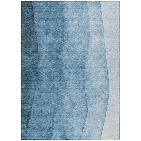 Denim Blue, Navy Blue 9 ft. x 12 ft. Woven Abstract Polyester Rectangle Indoor / Outdoor Area Rug