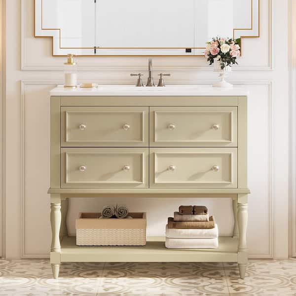 35.4 in. Storage Cabinet, Accent Cabinet with 4 Drawers and Open Storage Shelf, White