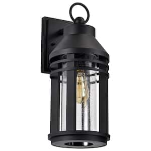 Wilton 1-Light Matte Black Hardwired Outdoor Wall Lantern Sconce with Clear Seeded Glass Shade