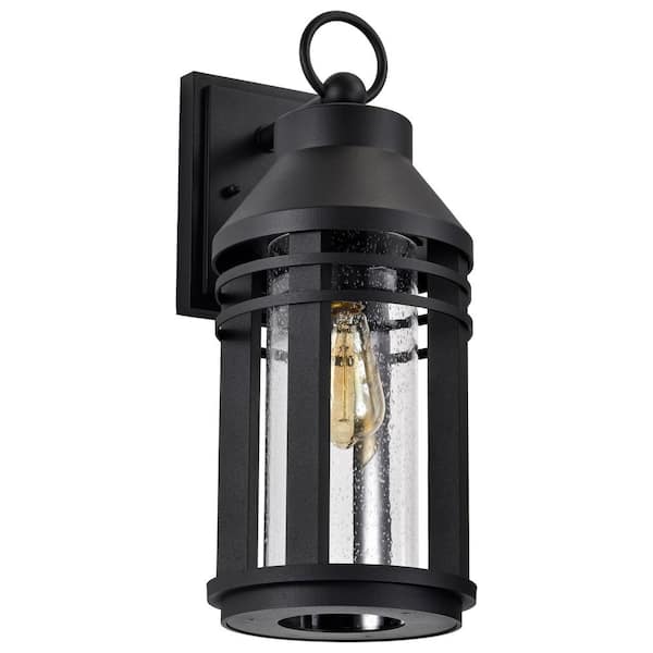 SATCO Wilton 1-Light Matte Black Hardwired Outdoor Wall Lantern Sconce with Clear Seeded Glass Shade