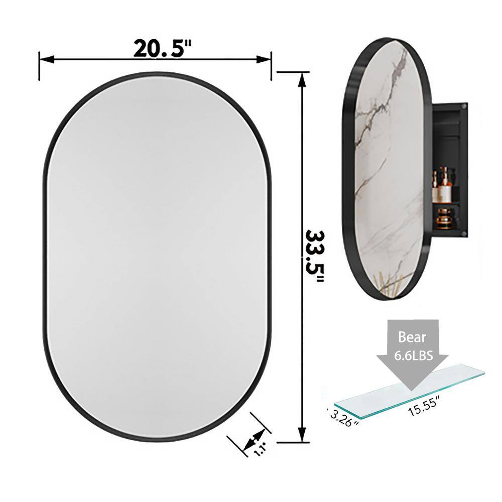 20x34 Inch Oval Matte Black Metal Recessed Medicine Cabinet with Mirror