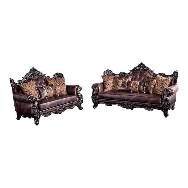 Furniture of America Grady 2-Piece Dark Cherry and Light Brown Fabric Living Room Set with Reversible Seat Cushions
