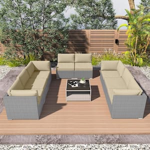 9-Piece Wicker Outdoor Patio Conversation Seating Sofa Set with Coffee Table, Beige Cushions