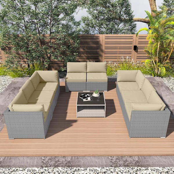 EAGLE PEAK 9-Piece Wicker Outdoor Patio Conversation Seating Sofa Set with Coffee Table, Beige Cushions