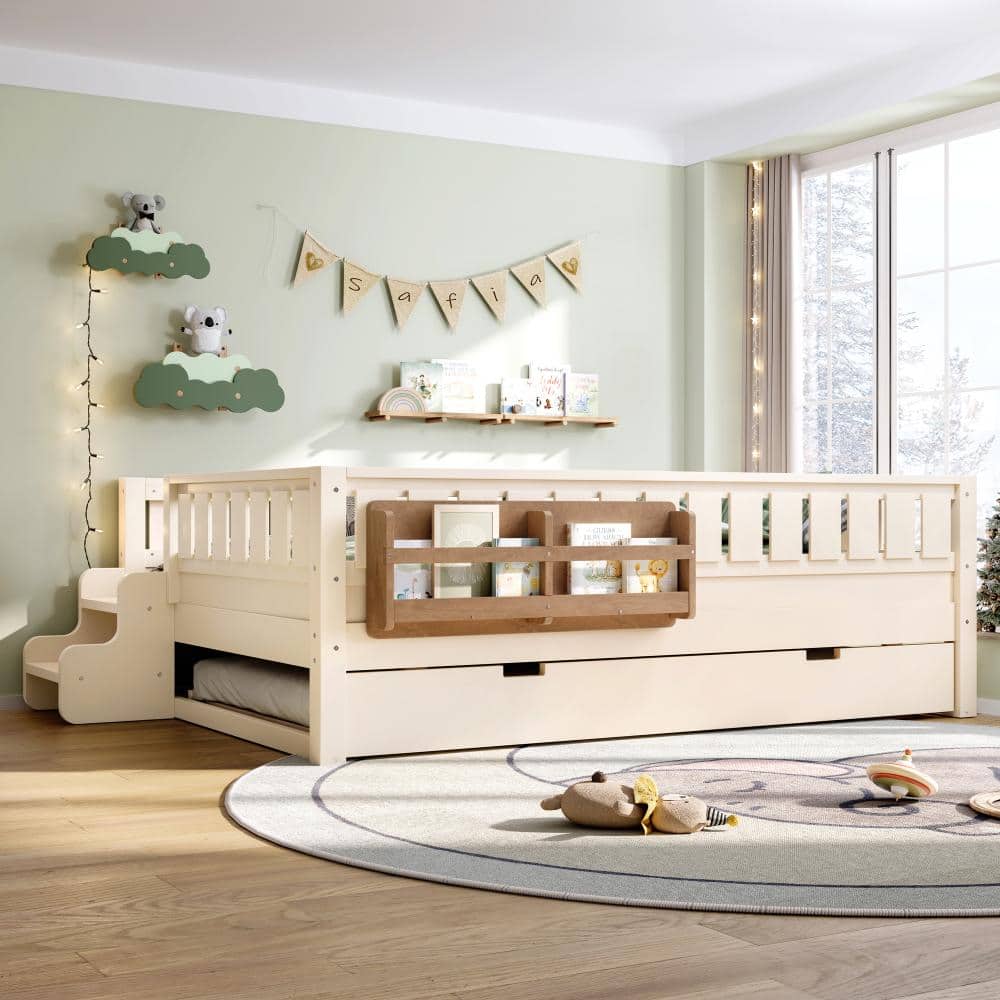 Beige Wood Frame Full Size Platform Bed with Built-in Bookshelves,Staircase and Trundle