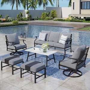 Black Meshed 7-Seat 6-Piece Metal Outdoor Patio Conversation Set with Gray Cushions and Table with Marble Pattern Top