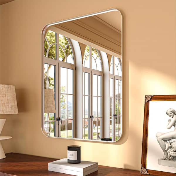 ORGANNICE 28 in. W x 36 in. H Rectangular Aluminum Framed Modern Silver Rounded Wall Mirror