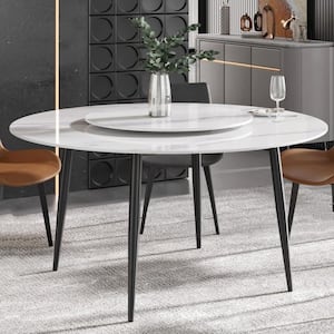 59.05 in. Modern Round White Lazy Susan Rotary Sintered Stone Dining Table with Black Carbon Steel Legs (Seat 8)