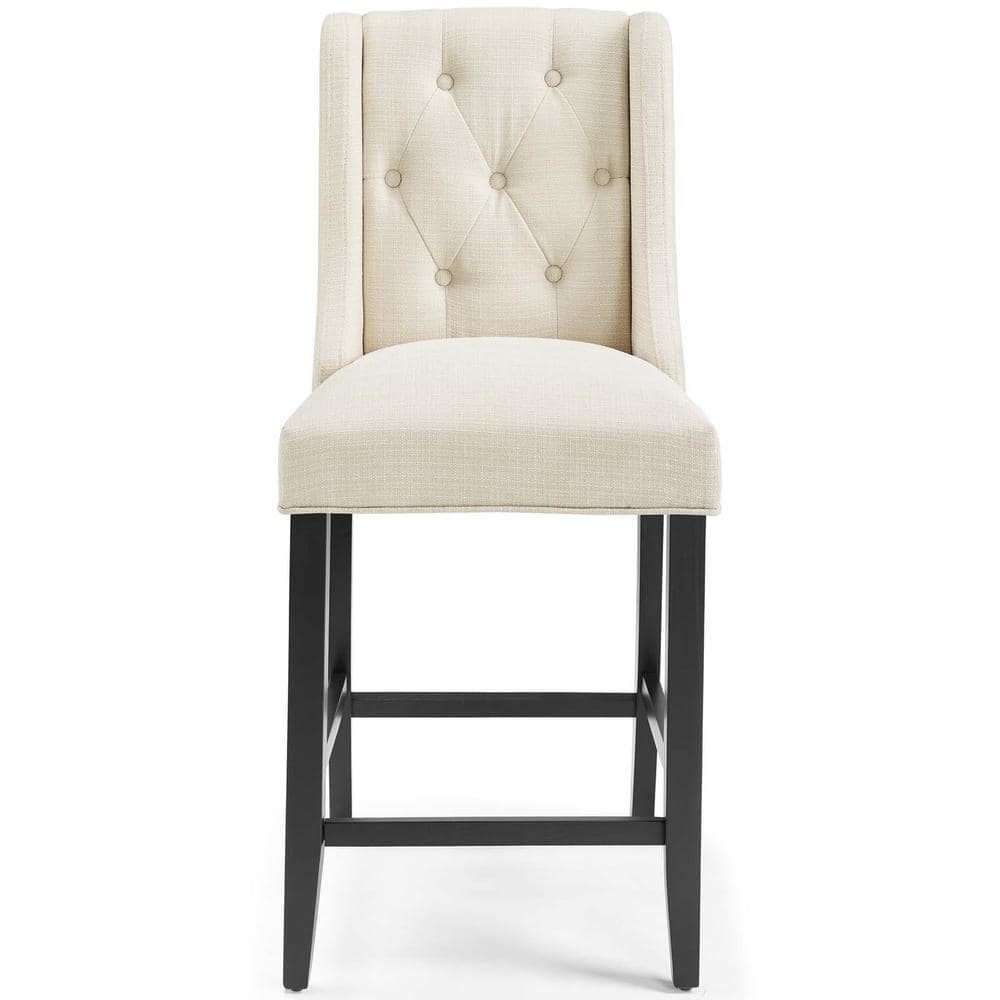 Beige Tufted Button Luxe Fabric Counter Stool with Solid Wood Legs