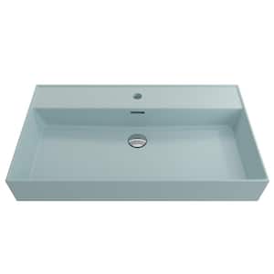 Milano Wall-Mounted Matte Ice Blue Fireclay Rectangular Bathroom Sink 32 in. 1-Hole with Overflow