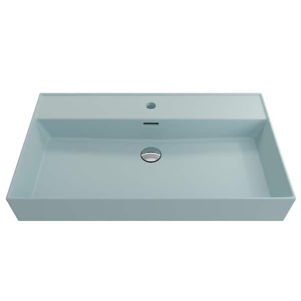 BOCCHI Milano Wall-Mounted Matte Ice Blue Fireclay Rectangular Bathroom Sink 32 in. 1-Hole with Overflow