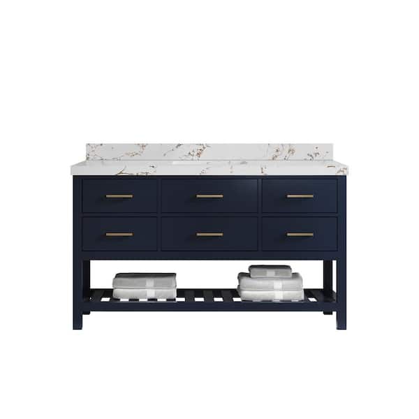 Willow Collections Parker 60 in. Single Sink Freestanding Navy Blue Bath Vanity with Viola Brown Qt. Top Unassembled