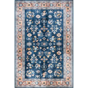 Lauren Liess Dayflower Vintage Machine Washable Blue Doormat 3 ft. x 5 ft. Indoor/Outdoor Patio Rug