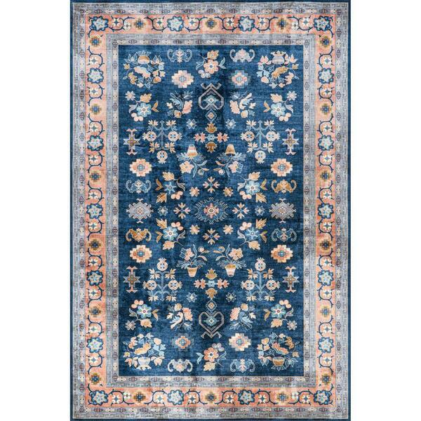 RUGS USA Dayflower Vintage Machine Washable Blue 6 ft. x 9 ft. Indoor/Outdoor Patio Rug