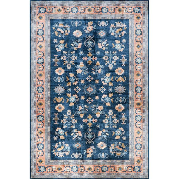 Dayflower Vintage Machine Washable Blue 6 ft. x 9 ft. Indoor/Outdoor Patio Rug