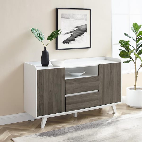 Welwick Designs 58 in. Solid White and Slate Grey Wood Mid-Century ...