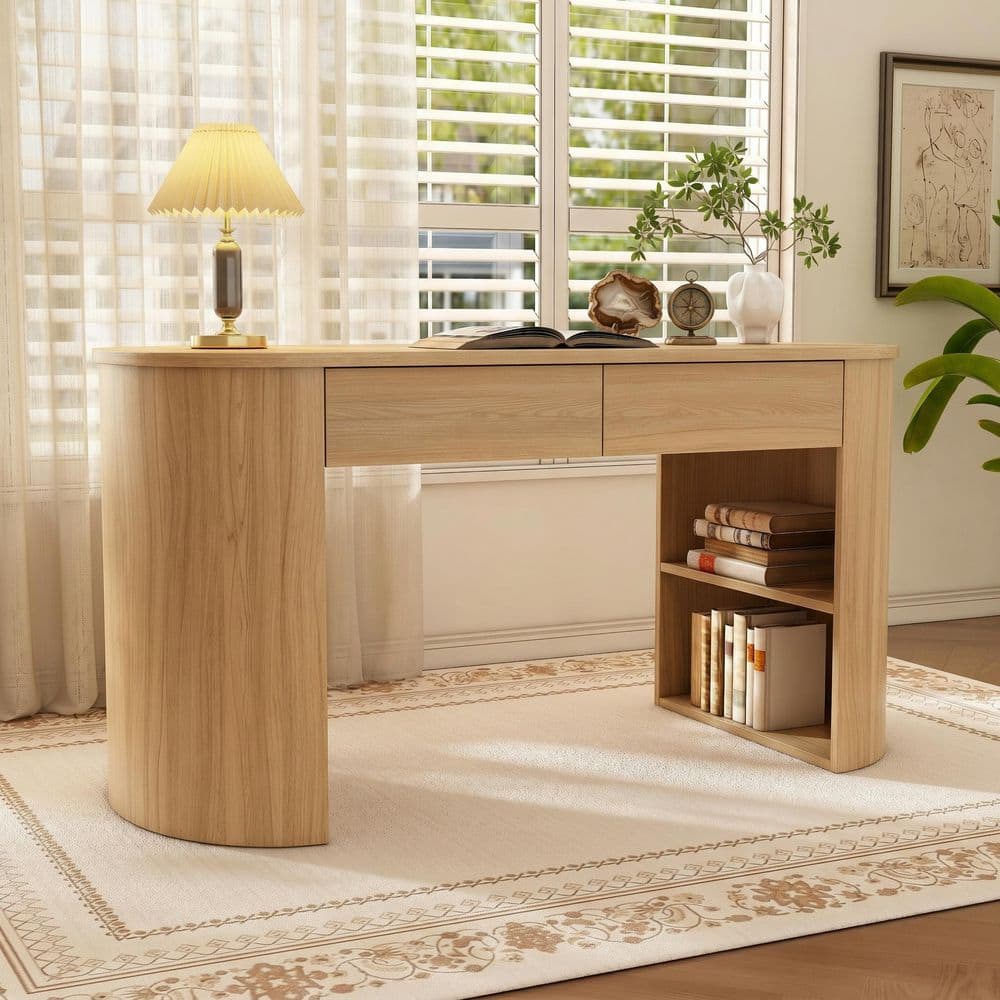 60.3 in. Oval Round Natural Color Wood 2-Drawer Writing Desk with Storage and Shelves