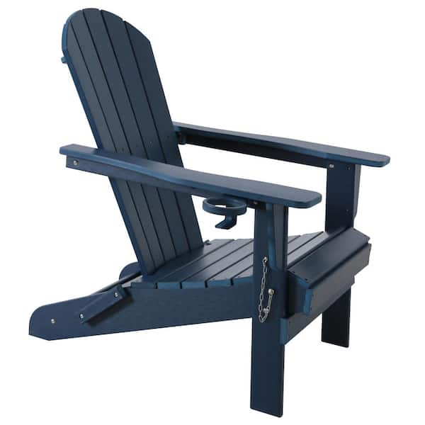 JUSKYS Navy Folding Composite Outdoor Patio Adirondack Chair with Cup Holder for Garden/Backyard/Fire Pit/Pool/Beach