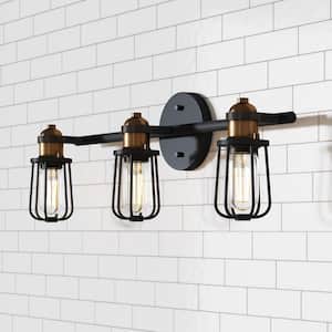 Rori 23 in. 3-Light Black Vanity Light Indoor Bathroom with Farmhouse Cage Sconce and Brass Details
