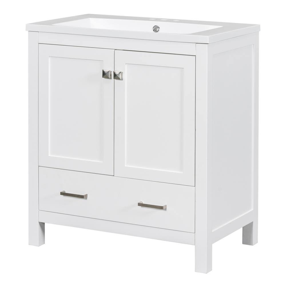 30 in. W x 18 in. D x 34 in. H Single Sink Freestanding Bath Vanity in White with White Resin Top, Versatile Storage