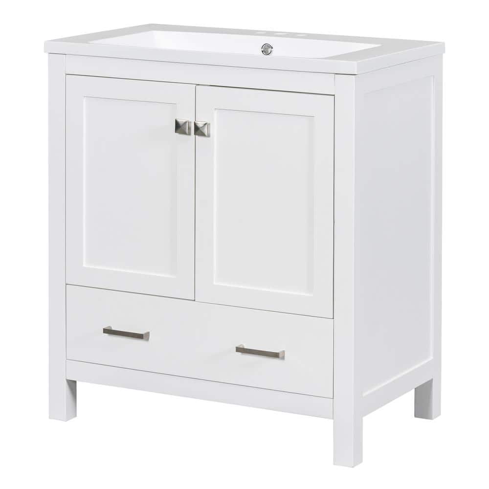 30 in. W x 18 in. D x 34 in. H Single Sink Freestanding Bath Vanity in White with White Ceramic Top, Versatile Storage price history on PriceWatchPro