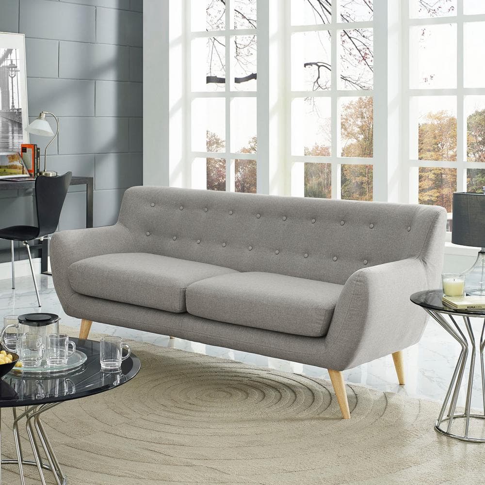 Light Gray Tufted Fabric Sofa with Wood Legs