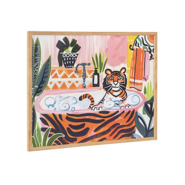 Kate and Laurel Gallery Bold Maximalist Tiger in Bubble Bath by The Creative Bunch Studio Natural Framed Art Print 20 in. x 16 in.