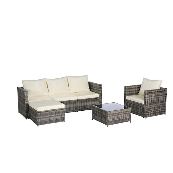 Tenleaf 3-Piece Wicker Patio Conversation Set with Beige Cushions, Detachable Lounger and Coffee Table