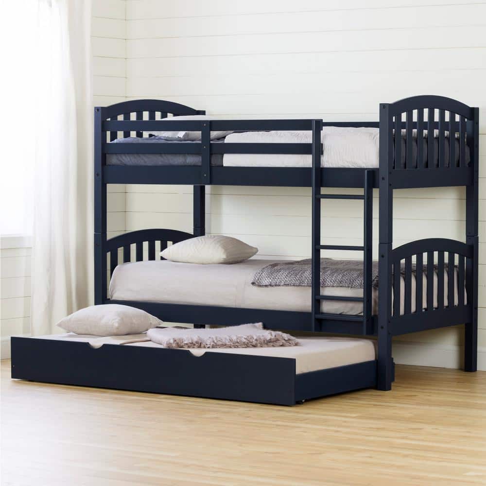 Blue Twin Pine Wood Bunk Bed with Trundle and Drawers