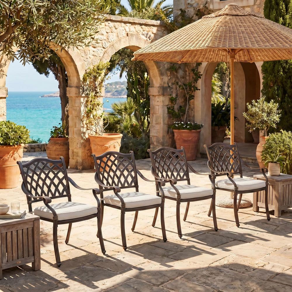 Classic Cast Aluminum Stackable Outdoor Dining Chairs Set of 4, with Beige Cushion price history on PriceWatchPro
