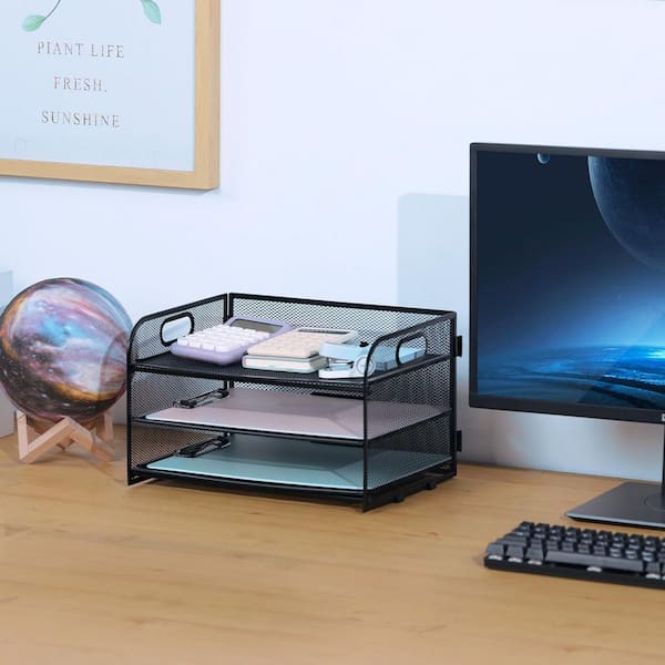 Afoxsos Black 2.36 in x 9.84 in. Steel Classic Desk Organizer with Handle, Compact Mesh Desk File for Home Office