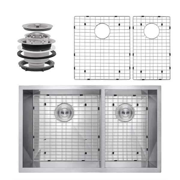 AKDY Handcrafted All-in-One Undermount Stainless Steel 33 in. x 22 in. x 9 in. Double Bowl Kitchen Sink with Grid and Drain