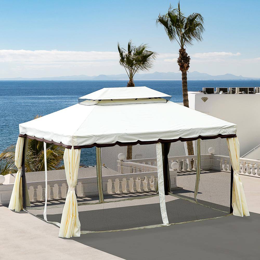 Cream White and Brown Aluminum Frame Patio Gazebo with Mesh Curtains
