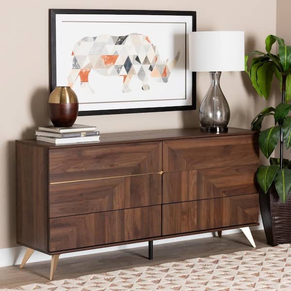 Baxton Studio Graceland Walnut Brown and Gold 6-Drawer 62.4 in. Dresser 236-13276-HD