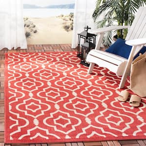 Courtyard Red/Bone Doormat 3 ft. x 5 ft. Geometric Indoor/Outdoor Patio Area Rug