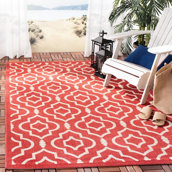 Courtyard Red/Bone 5 ft. x 8 ft. Geometric Indoor/Outdoor Patio  Area Rug