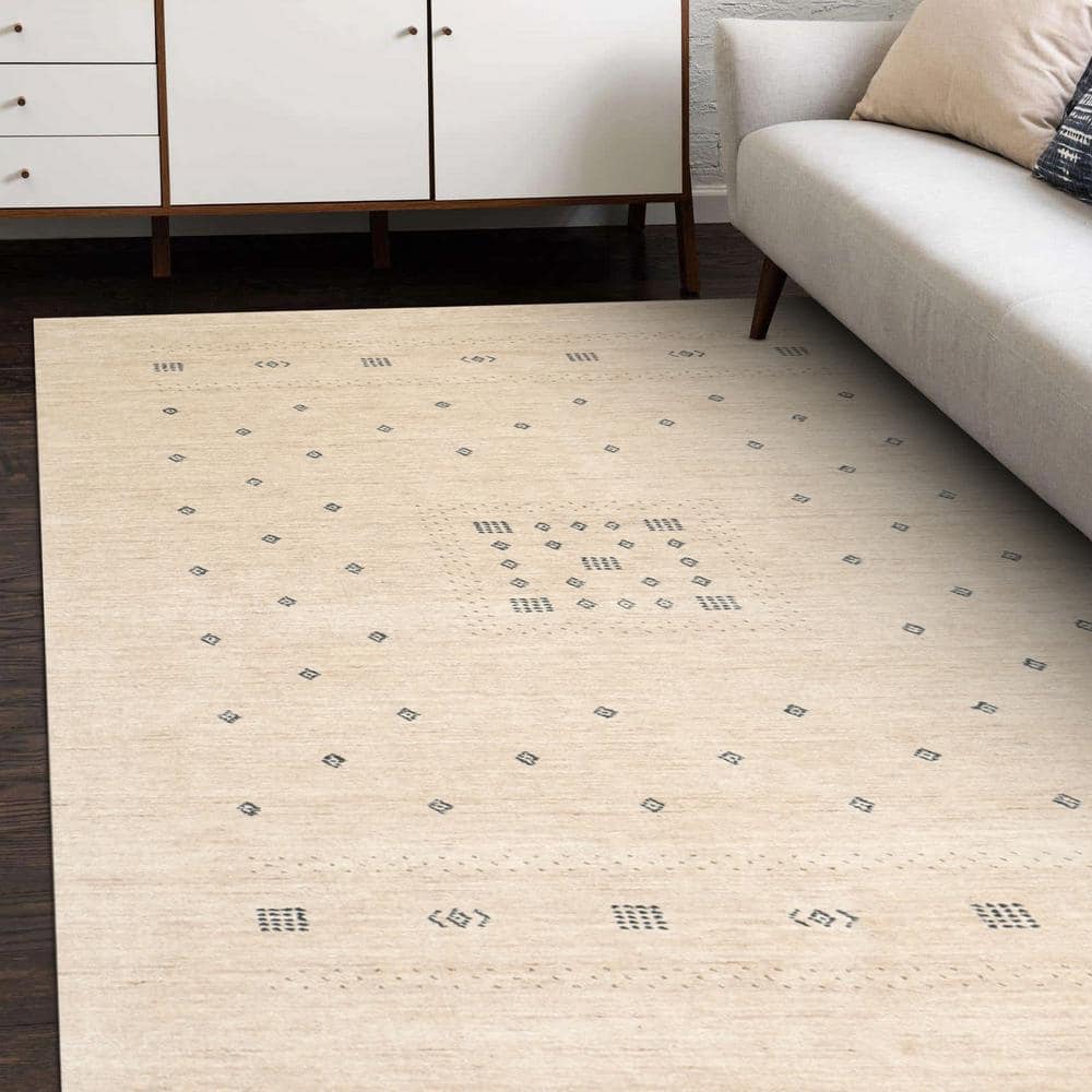 Natural Geometric Hand-Knotted Wool Area Rug 8' x 10'