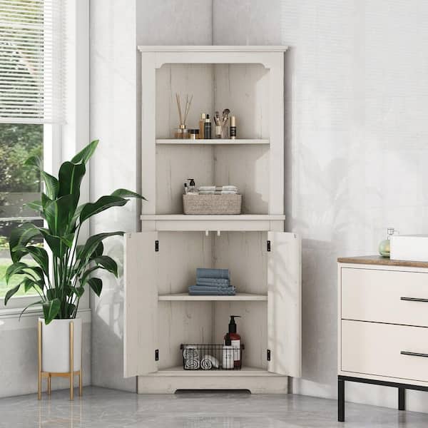 Tall Corner Cabinet with Doors for living room, bathroom, Dining Room or Kitchen in Beige