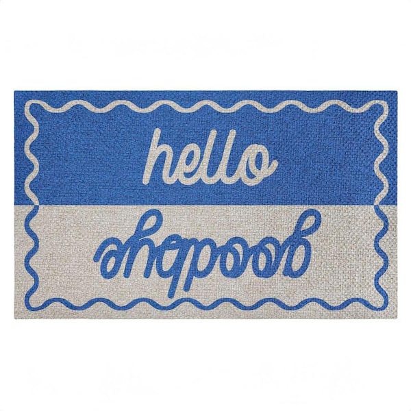 Hello Goodbye Blue & White Blue 18 in. x 30 in. Polyester Non-Slip Outdoor Door Mat