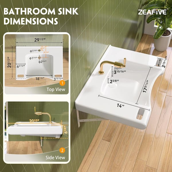 29.5 in. ADA Compliant Ceramic Sink Wall-Hung Accessible Sink for Wheelchair with White Drain & Overflow & Handles
