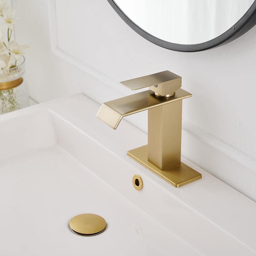Brushed Gold Single-Handle Low-Arc Bathroom Faucet with Supply Line