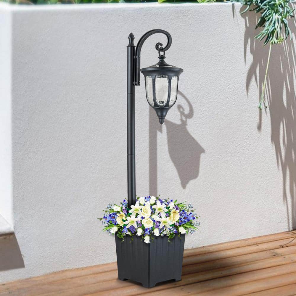Black Solar Lamp Post with Planter and Crackle Glass Shade