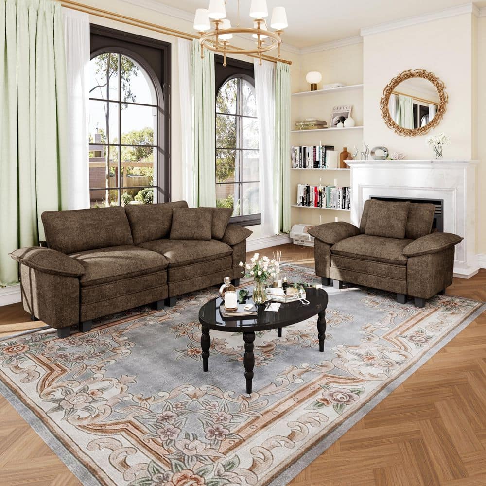 87.5 in. Flared Arm 3-Seat Chenille Modular Sectional Sofa in. Taupe with Throw Pillows for Living Room